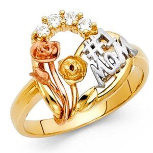 Floral #1 Mom Tilted Heart CZ Real 14K Tri Color mom Ring
